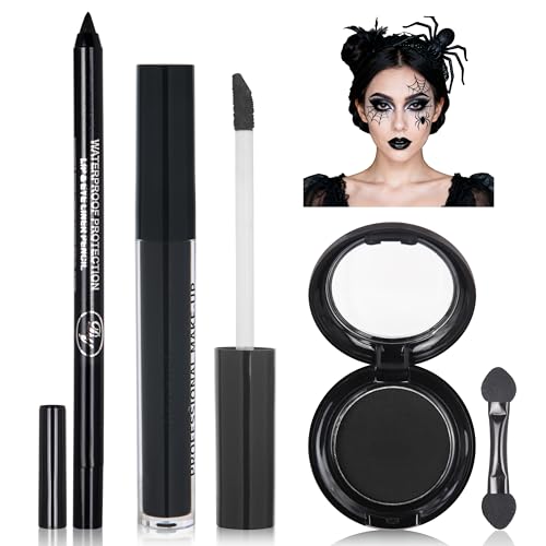Black Eyeshadow Palette Liquid Lipstick Eyeliner Set with Mini Brush Smokey Eye Shadow Black Lip Gloss lip liner Set Smudge Proof Long-lasting Suitable for Halloween Cosplay Goth Witch Makeup