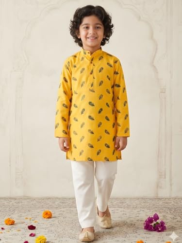 Image of AJ DEZINES Boys Cotton Full Sleeve Letter Printed Kurta Pajama Set for Kids - Ethnic wear | Special Occasion & Traditional Outfit |Boys Kurta Set - Regular Fit
