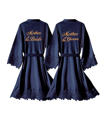 Image of Crystal Dew 2 Pcs Mother of the Bride Groom Robe with Lace Trim Embroidery Bridal Satin Kimono Robes for Wedding Day