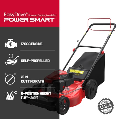 Image of PowerSmart Self Propelled Gas Lawn Mower 21-Inch with 170cc OHV Engine, RWD Single-Speed 3-in-1 with Bagging