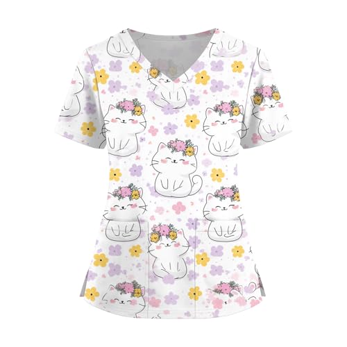 Women's Tops Fashion V-Neck Short Sleeve Overalls with Pockets Print Clothes White XL