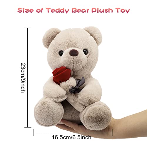 Teddybär, Plüsch-Bär, Teddy mit Rose, 23 cm Teddybären Rose Stofftier Spielzeug Dekozimmer Kissen, Plüschtier Kuscheltier Schmusetier Geschenke für Mama, Kinder Mädchen, Geburtstag, Valentinstag