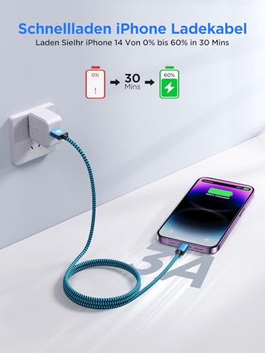 iPhone Ladekabel 2M 3Pack, Lightning Kabel [MFi Zertifiziert] Ladekabel iPhone Schnellladekabel Nylon iphone Kabel Fast USB Lightning Kabel für iPhone 14 13 12 11 Pro Max Mini XS X 8 7 6 6s Plus 5 SE 2