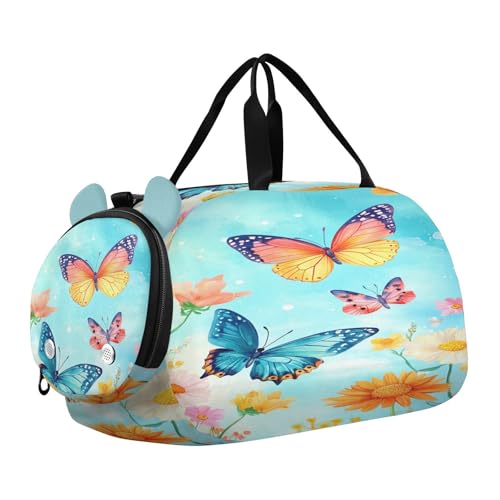 Butterfly Floral Blue Kids Travel Duffel Bag for Boys Girls Overnight Weekend Tote Bag with Shoes Compartment for Trip Beach Gym