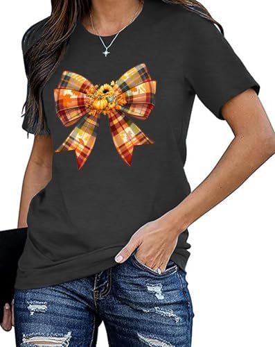 Thanksgiving Shirt for Women Fall Pumpkin Bow T-Shirt Funny Thankful Blessed Tee Tops