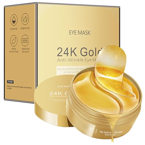 Ledeak Parches Ojos 24K Oro, 60 Piezas Hidratante Mascarilla, Antiarrugas Eye Patches, Reduce Bolsas y Ojeras, Reafirmante y Anti-Edad Mascarilla Ojos, Eye Mask para Hombres Y Mujeres