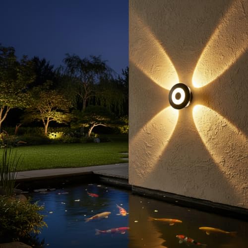 Image of Waterproof Up Down Led Wall Lamp, Aluminium IP65 Body 4+1 Ray, Warm White, Indoor /Outdoor Decorative Wall Sconce Light, (HaloBeam 4 Way Warm)
