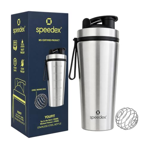 Image of Speedex YouFit Stainless Steel Gym Shaker Bottle 750ml with Mixing Ball | Leakproof Protein Shaker for Gym, Wide Mouth, Measurement Markings, Carry Loop Flip Cap | Metal Shaker for Men & Women, Silver
