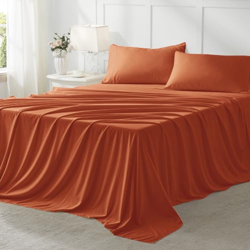 Anluoer Queen Comforter Set 7 Piece, Burnt Orange Bed in a Bag with Sheets, All Season Terracotta Bedding Comforter Sets with 1 Comforter, 2 Pillow Shams, 2 Pillowcases, 1 Flat Sheet,1 Fitted Sheet