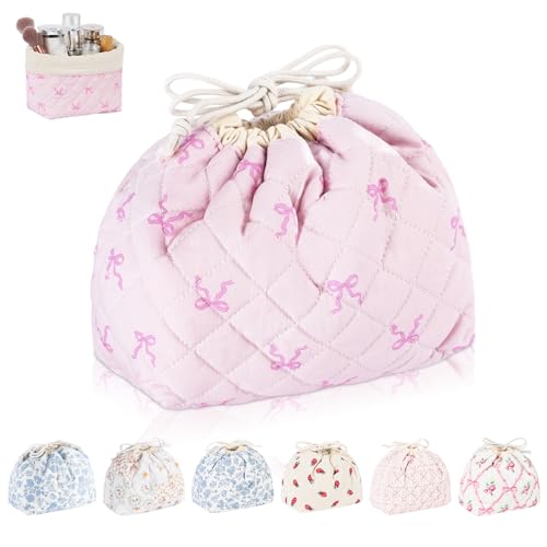 Playexen Quilted Drawstring Makeup Bag, Coquette Small Cosmetic Bag for Purse, Portable Cute Travel Makeup Pouch for Women Daily Use, Birthday/Party/Christmas Gifts (Pink Bow)