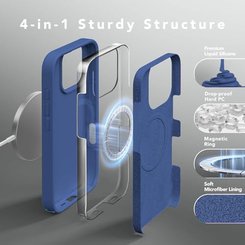 Image of Elzzi Magnetic Silicone Case Compatible with iPhone 16 Pro Max Case, Built-in Magnets, Soft Grip Silicone Mag-Safe Case, Shockproof Camera Protection Cover (Blue)