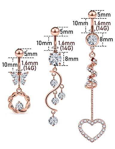 Kwoencxi Belly Button Ring For Women 14G Stainless Surgical Steel Long Dangle Curved Hypoallergenic Navel Barbells Bar Body Piercing Jewelry Rose Gold 10Mm Cz Diamond Gem Ndyb-000020 #TOP1