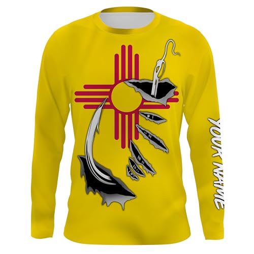 NM Fishing 3D Fish Hook New Mexico Flag UV Protection Quick Dry Customize Name Long Sleeves Shirts Personalized Fishing Apparel Gift for Fishing Lovers FI472
