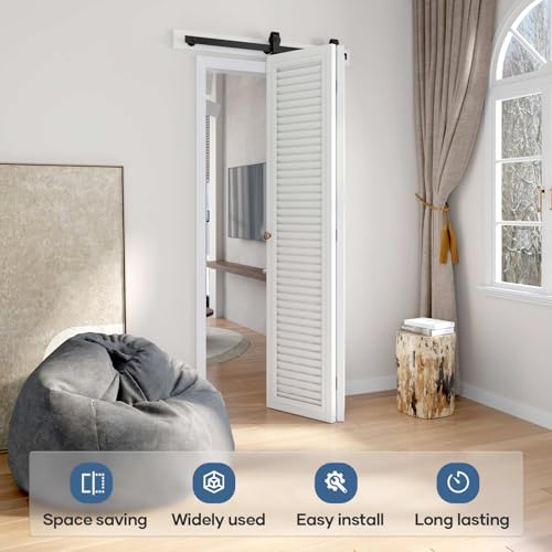 EaseLife 36 Bifold Sliding Barn Door Hardware Track Kit for 2 Closet Door,Top Mount Roller,Slide Smoothly Quietly,Easy Install,Black,Fit for Double 16 Wide Bi-Folding Door (Hardware Only)