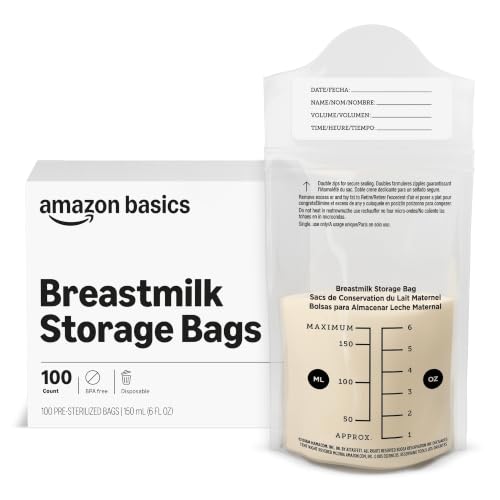 Image of Amazon Basics Breastmilk Storage Bags, Pre-Sterilized, BPA Free, Double Zips, for Refrigeration and Freezer Storage, 100 Count, 6 fl oz (Previously Mama Bear)