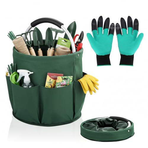 KATLKIU Borsa da giardinaggio pieghevole 17L con 6 tasche esterne, borsa porta attrezzi impermeabile/cestino portaoggetti/organizer per giardino, casa, campeggio & picnic, con guanti da giardinaggio
