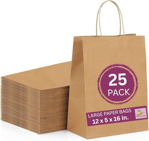 Image of Brown Kraft Paper Bags with Handles 25 pcs 12 inchx16 inchx5 inch - Large size Paper Carry Bags for Shopping Retail Merchandise, Party favor Return Gift Bag -Disposable
