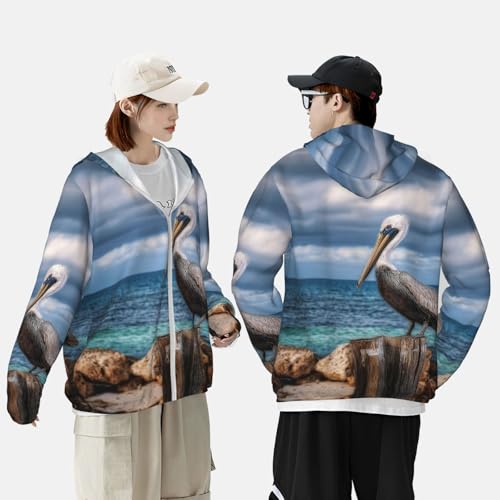 UPF 50+ Sun Protection Hoodie Rash Guard Long Sleeve Sun Shirt Pelican Bird Blue Sea Sky UV Shirt Full Zip Jacket 6