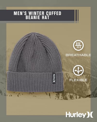 Image of Hurley Men's Cuffed Beanie - Classic Midweight Loose Knitted Winter Hat for Men
