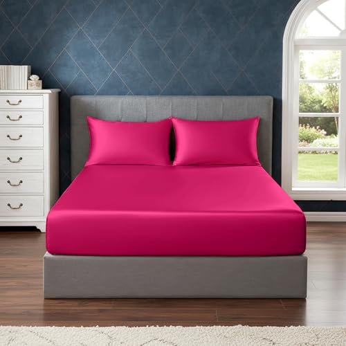 Image of Soft and Silk Satin Fitted Bedsheet for Single Size 36X75 +12 in - Elastic Fitted Sheet 400 TC Hotel Collection for Bedroom | Fitted Sheet with Pillow Cover Hot Pink, Single Bed