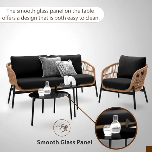 Image of Amazon Brand - Solimo Outdoor 4 Seater Sofa Set | Balcony Sofa | Patio Furniture Sets | Conversation Sets | Braid & Rope Garden 4 Seater Sofa Set with Center Table (Tan-Black)