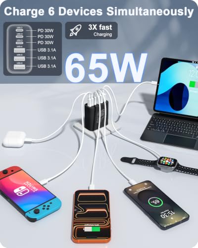 Image of 2-Pack 65W USB C Charger Block, 6-Port Fast Wall Charging Block [3 PD USB-C & 3 QC USB-A] for iPhone 17 16 15 Pro Max, iPad Pro, Galaxy S26 S25, Pixel 10 9, iWatch,Google & More