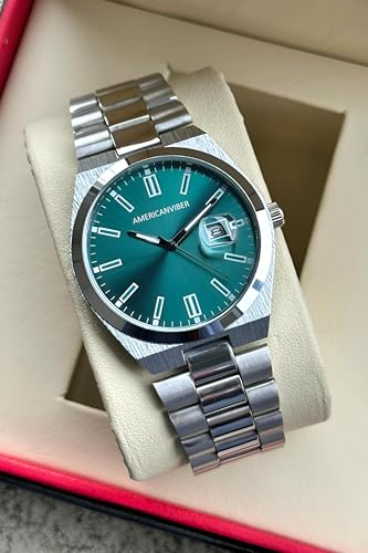 Image of AMERICANVIBER Men's Silver Stainless Steel Watch, Vibrant Green Sunburst Dial, Quartz Analog Movement, Date Display, Faceted Bezel for Men