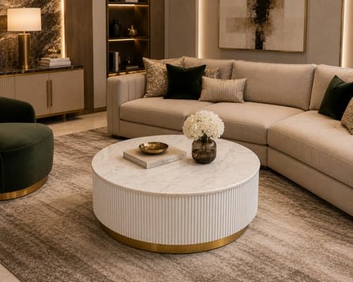 Image of Premium Luxury Marble-Top Wooden Center Table with Louvers & Acrylic Wooden Base | Premium Coffee Table for Living Room & Office (White)