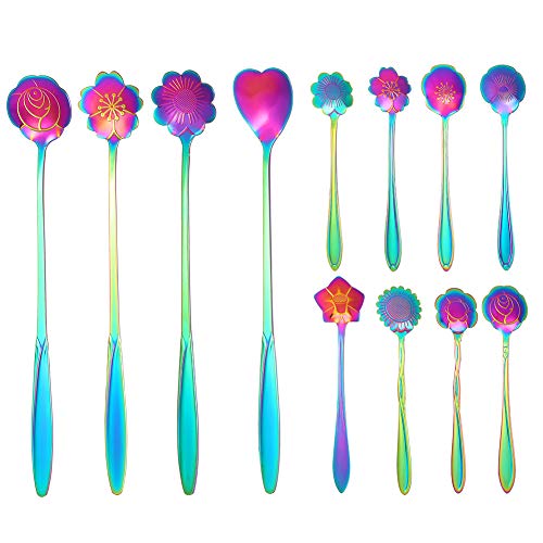 DaveandAthena 12 Pieces Stainless Steel Flower Coffee Spoon, Stirring Spoon, Sugar Spoon, Stir Bar Spoon, Mixing Spoon, Tea Spoon, Ice Tea Spoon, Ice Cream Spoon, 9 Different Patterns, Rainbow