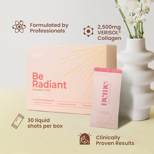 Be Radiant Liquid Collagen Peptides for Women and Men with Vitamin-C, Biotin, CoQ10 - Collagen for Women, Promotes Hair, Nail and Skin Health - 30 Day Supply 0.7 Fl Oz Travel Packets (Pack of 30)