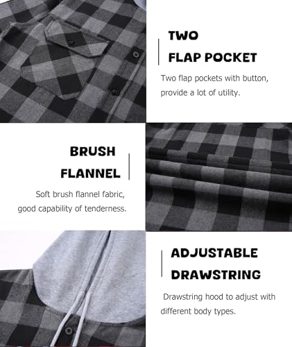 Men's Hooded Flannel Shirt Jacket - Soft Brushed Buffalo Plaid, Lightweight Long Sleeve Button Down for Work Fall Layering4