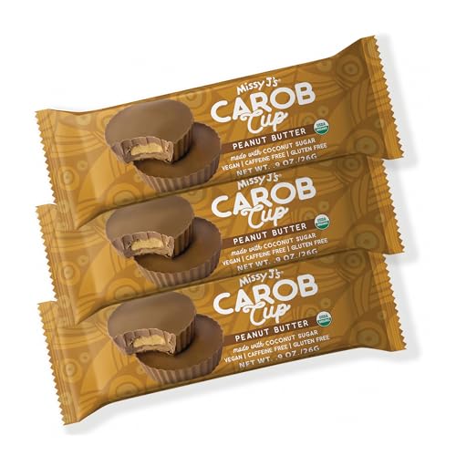 Missy J's Organic Peanut Butter Carob Cups each 0.9 Oz - 3 Pack Made with Coconut Sugar Vegan, Gluten and Caffeine Free Healthy Substitute for Chocolate, Perfect for Snacks and Treats
