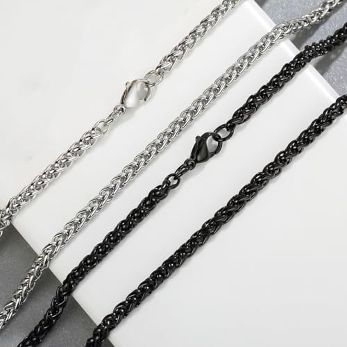 2 Pcs Chains for Men, 4mm Stainless Steel Silver Tone Gold or Black Wheat Necklace Chain for Men Women Boy, 16, 20, 24, 28, 32 Inch2
