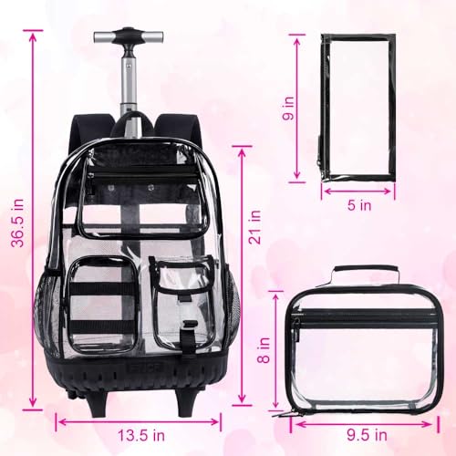 Rolling Clear Backpack for Women, Heavy Duty PVC Transparent Wheeled Bookbag, See Through School Bags with Wheels for Teens Elementary Travel - Black3