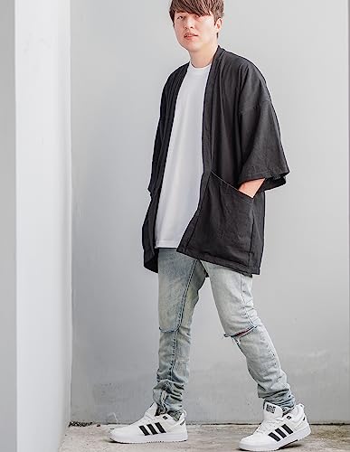 Men's Cotton Linen Kimono Cardigan 2 Pockets Oversized Noragi Jacket Man Haori Summer Yukata Beach Robe3
