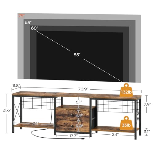 Image of YATINEY TV Stand with Power Outlet Up to 75 Inch, Entertainment Center with 2 Fabric Drawers, TV Console Table with Open Storage Shelves for TVs, Cable Management, for Living Room, Bedroom, DS18UBRY1