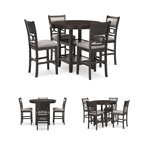 Image of Signature Design by Ashley Round Counter Height Dining Set for 4 | Built-in storage shelves, Beige polyester and foam stools, Solid wood and engineered wood frames, Cherry brown finish