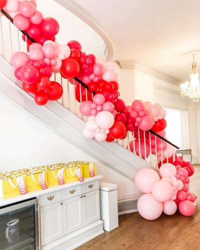 Image of Valentine's Day Balloon Garland Arch Kit - 122 Piece Red, Pink & Light Pink Balloons - Heart & Bear Shaped - Biodegradable - For Couples & Lovers