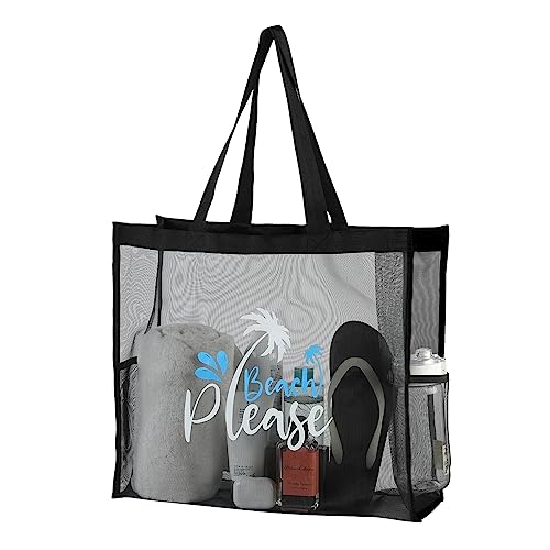 ukia - Mesh Beach Tote Large Bag, Extra Large Beach Bag for Vacation Family Beach Trip, Black