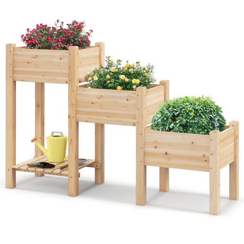 S AFSTAR 3-Tier Wooden Raised Garden Bed, Elevated Garden Planter with 3 Planter Boxes, Open Storage Shelf, Drainage Holes, Outdoor Vertical Plant Container for Vegetables Flowers Herbs Growing