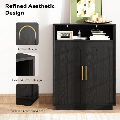 Image of Shoe Cabinet with Arched Doors, 43 inch Tall Large Hidden Shoe Storage Cabinet with Adjustable Shelves, 5-Tier Mid Century Modern Shoe Rack Organizer for Entryway Hallway Living Room,Black Set of 2