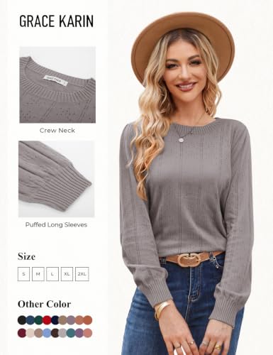 Image of GRACE KARIN Fall Sweaters for Women 2026 Puff Long Sleeve Crewneck Dressy Casual Tops Crochet Hollow Out Cute Pullover Blouse