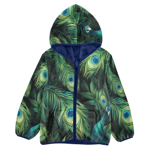 Watercolor Green Peacock Feathers Toddler Fleece Jacket Girl Boys Hooded Fleece Jacket Coat Warm Outwear Zip-up 3-10T