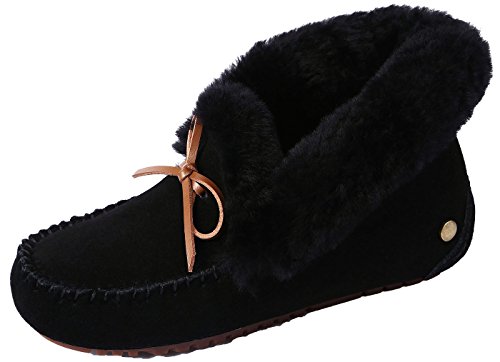 U-lite Women's Warm Fur Wool Slipper Casual Winter Slouch Flat Indoor Outdoor Loafer Black 6.5