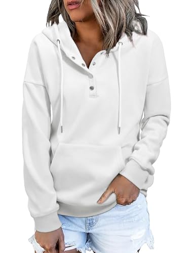 Heekpek Sudadera con Capucha Mujer Cuello V de Botones Invierno Fleece Casual Suelto Hoodie Sweatshirt con Bolsillo, Blanco, M