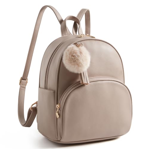 Image of ECOSUSI Mini Backpack for Women Vegan Leather Small Backpack Purse | Cute Pom Bookbag for Ladies Travel Shoulder Bag with Charm Tassel, Khaki