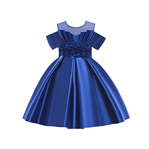 suanret Mädchen Prinzessin Kleid Tüll Blumendruck Patchwork Kleid Abend Party Geburtstag Hochzeit Ballkleid Brautjungfer Mädchen Kleider für 2-7 Jahre (7-8 Jahre,C-Dunkelblau) Cover
