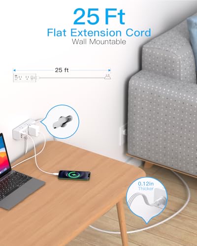 Image of 25Ft Extension Cord with Multiple Outlets, Flat Plug Power Strip Surge Protector with 20 Ft Long Cord, 6 Outlet 4 USB Ports (2 USB C), Multi Outlet Wall Plug for College, Dorm Room Essentials(White)