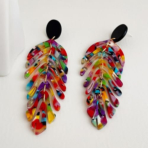 Handmade Bohemian Colorful Acrylic Leaf Dangle Drop Earrings Vintage Lightweight Resin Leaf Hook Earrings for Women2