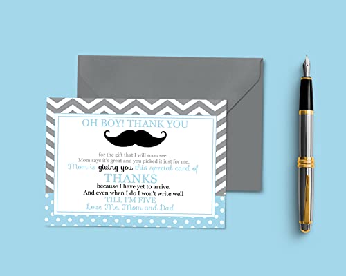 Paper Clever Party Mustache Baby Shower Thank You Cards With Envelopes (15 Pack) Prefilled Note From Boy Individual Notecards Blue Little Man 4X6 Blank Set Stationery #TOP4